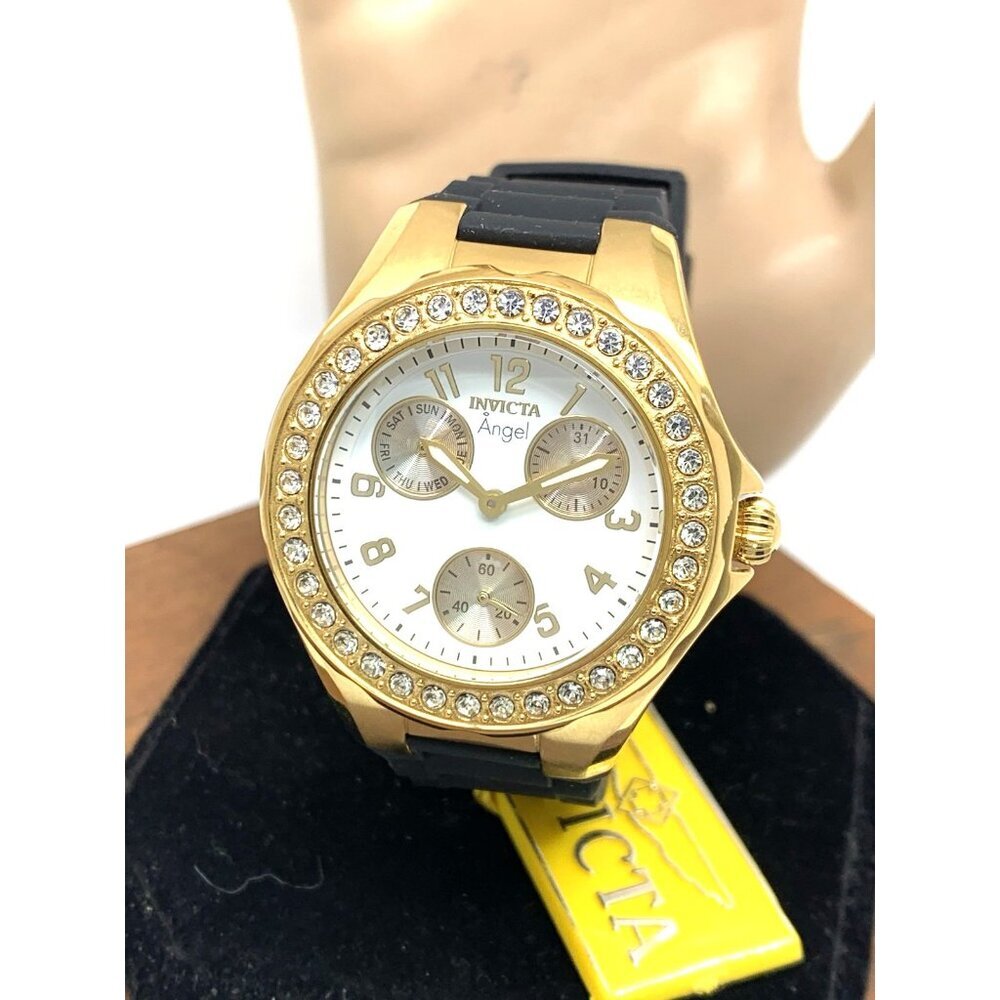 Invicta Women's Watch 1643 Angel Quartz White Dial Gold Black Rubber Strap 38mm